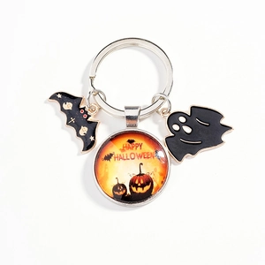 Halloween keychain with pumpkin glass pendant, black bat and ghost metal charms