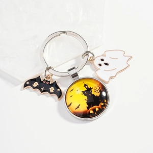 Halloween Schloss Glasanhänger Schlüsselanhänger Metall Emaille Fledermaus Geist Schlüsselring Für Party Tasche Deko Schmuck