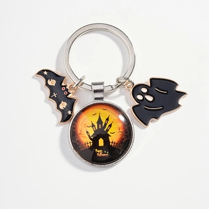 Halloween keychain with spooky castle glass cabochon, bat and ghost enamel charms