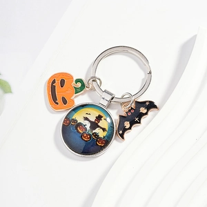 Halloween keychain with pumpkin mask, black bat charm and scarecrow glass pendant