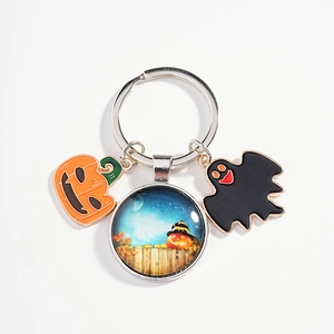 Portachiavi di Halloween con ciondolo a zucca, fantasma e gemma di vetro su anello argento