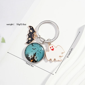Detail of Halloween keychain with bat, ghost and castle glass pendant showing dimensions