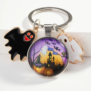 Halloween Ghost Castle Keychain Metal Ring Glass Dome Pumpkin Pendant Spooky Holiday Key Ring Festive Party Favor Jewelry Gift