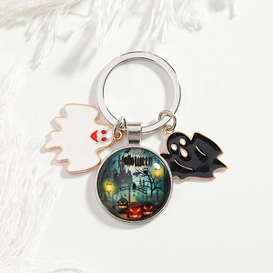 Halloween Ghost Castle Glass Cabochon Metal Keychain Happy Halloween Gift Pumpkin Bat Enamel Pendant Silver Key Ring