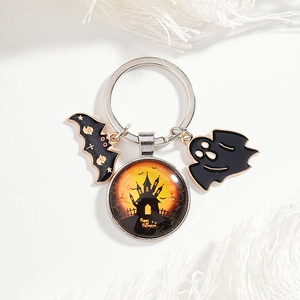 Halloween keychain with spooky castle, bat and ghost pendants for bags or car keys