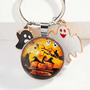 Halloween Keychain Alloy Glass Time Gem Pumpkin Ghost Spider Web Pendant Metal Key Ring Festive Bag Accessories Gift