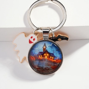 Halloween Cartoon Blue Castle Glass Ball Keychain Metal Keyring With Ghost Bat Pendants Enamel Accessory Festive Jewelry Gift