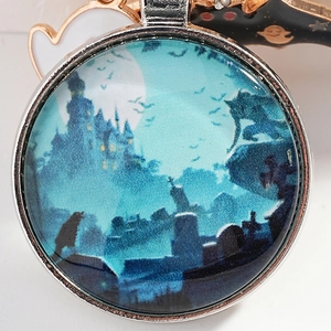 European Halloween pendant with moonlit castle, werewolf, and bats in glass alloy frame
