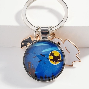 Halloween keychain with cartoon witch glass pendant, white ghost and black bat charms