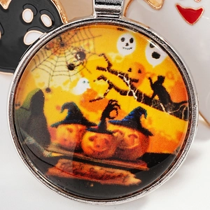 Halloween keychain with pumpkin and ghost glass pendant on silver metal ring