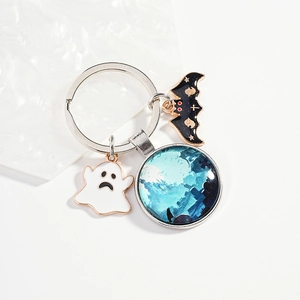 European Halloween keychain with white ghost, black bat and moonlit forest glass pendant