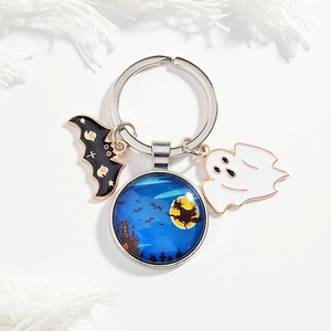 Halloween Witch Bat Ghost Metal Keychain Glass Cabochon Moon Castle Pendant Festival Holiday Party Decor Hanging Ornament