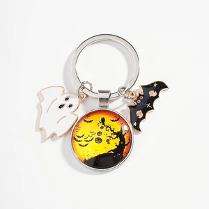 Cartoon Halloween keychain set with white enamel ghost, black bat and pumpkin silhouettes