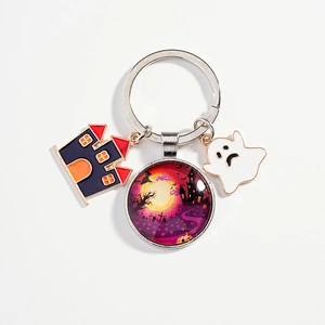 Halloween keychain with cartoon witch castle, ghost and purple moon glass dome