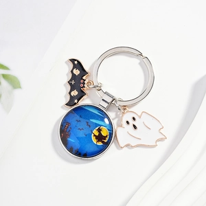 Halloween keychain with bat, ghost and witch glass pendant on a metal ring accessory