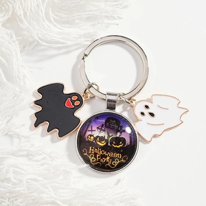 Halloween Party Keychain Metal Cartoon Pumpkin Ghost Glass Ball Pendant Purple Cemetery Design Key Ring Festival Accessory