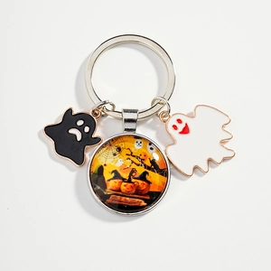 Halloween keychain with pumpkin glass dome and cute black and white enamel ghosts