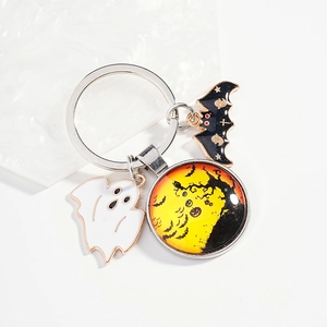 Halloween Cartoon Metal Keychain Pumpkin Ghost Bat Glass Gem Pendant Creative Festival Key Ring For Women Men Holiday Gift