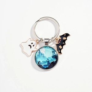 Cartoon Halloween keychain with white ghost, black bat and blue castle glass pendant