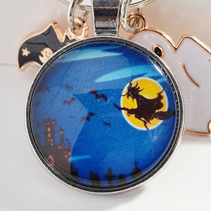 Halloween keychain with a glass moon witch pendant, black bat and ghost charms