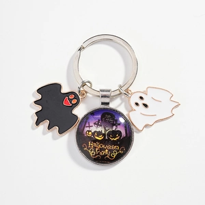 Halloween keychain with purple pumpkin glass pendant and black and white ghost charms