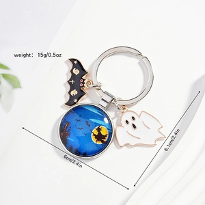 Detail showing 15g Halloween keychain with flying witch glass pendant and bat charms