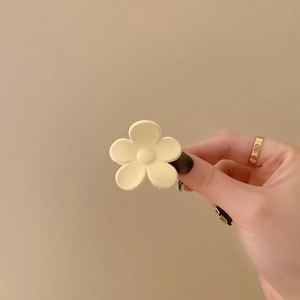 Detailopname van de crèmekleurige matte acryl bloem haarklem met minimalistisch 5-blad design