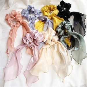 Elegant chiffon scrunchies with long ribbons in assorted Morandi colors for women