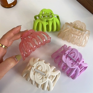 Five colorful large hair claw clips in matte and transparent finishes for thick hair