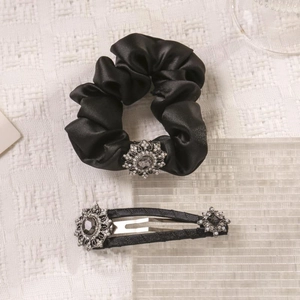 Elegant Black Satin Barrette Hair Clip With Vintage Grey Rhinestone Flower Design For Women Fashion Hair Accessory Jewelry