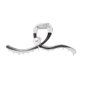 Elegant silver metal shark hair claw clip with a large white pearl in a minimalist wave design
