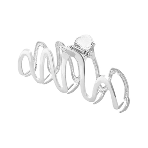 Sleek silver wave-pattern metal hair claw clip with irregular liquid streamline design