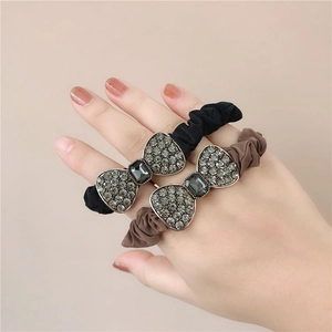 French Vintage Bowknot Rhinestone Scrunchie For Women Pleated Satin Fabric Hair Tie Elegant Alloy Gemstone Hair Accessories