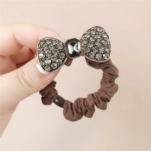Elegant bow hair tie with grey rhinestones and coffee brown fabric scrunchie band