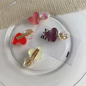 Détail de barrettes en forme de cœur avec fleurs séchées et paillettes sur plat