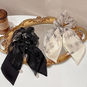 Elastici per Capelli in Organza e Raso Stile Francese Elegante Stampa Floreale Fiocco a Nastro Lungo Con Künstliche Perle Per Donne