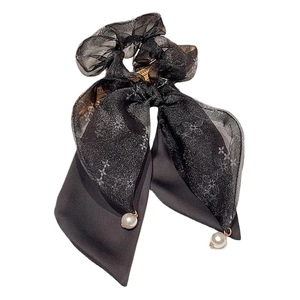Elegante elastico per capelli stile francese in rete nera con fiocco e perle bianche