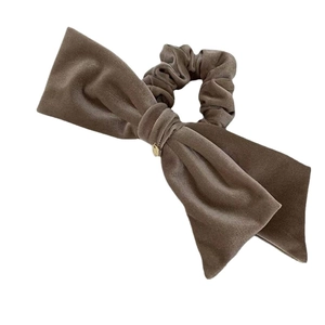 Vintage French velvet bow hair tie in dark brown with elegant gold metal accent