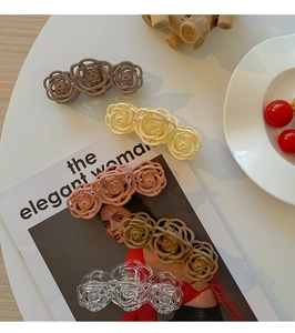 Five elegant rose flower hair claws in matte brown, cream, pink, khaki, and clear colors