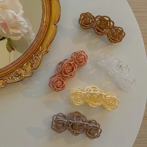 Vintage French Rose Flower Hollow Hair Claw Clip For Women Elegant Camellia Matte Plastic Large Shark Clip Hair Accessory Headwear