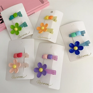 Korean Style Colorful Flower Hair Clips Set Cute Candy Color Acrylic Duckbill Clips Sweet Geometric Hairpins For Women Girls