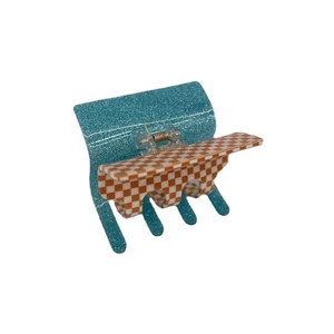 Glitter blue and orange checkerboard acetate hair claw clip with strong metal spring