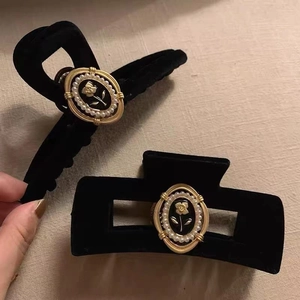 Vintage French black velvet hair claw clip set with gold rose and pearl embellishment