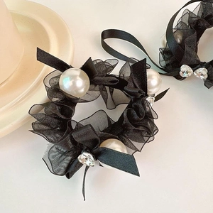 Elegant Black Bow Mesh Hair Scrunchie With Long Ribbon Streamer Faux Artificial Pearl Rhinestone Ponytail Holder Hair Tie For Women
