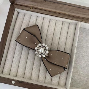French style brown satin bow hair clip with pearls and sparkling rhinestones