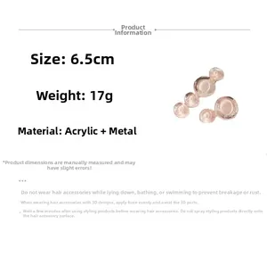 Détails d'une pince à cheveux en acrylique rose avec dimensions 6,5 cm et poids 17g