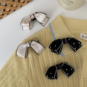 French Style Bow Hair Clips With Faux Artificial Pearl Contrast Piping Fabric Duckbill Clips Elegant Retro Hair Accessories For Women Girls