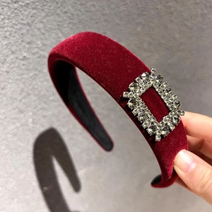 Luxury wine red velvet wide headband with sparkling crystal square buckle design