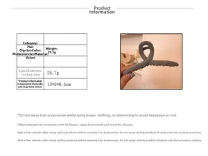 Detail specifications for vintage velvet hair claw clip including dimensions and weight