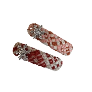Sweet red and pink plaid tweed hair clips with silver rhinestone snowflakes for winter